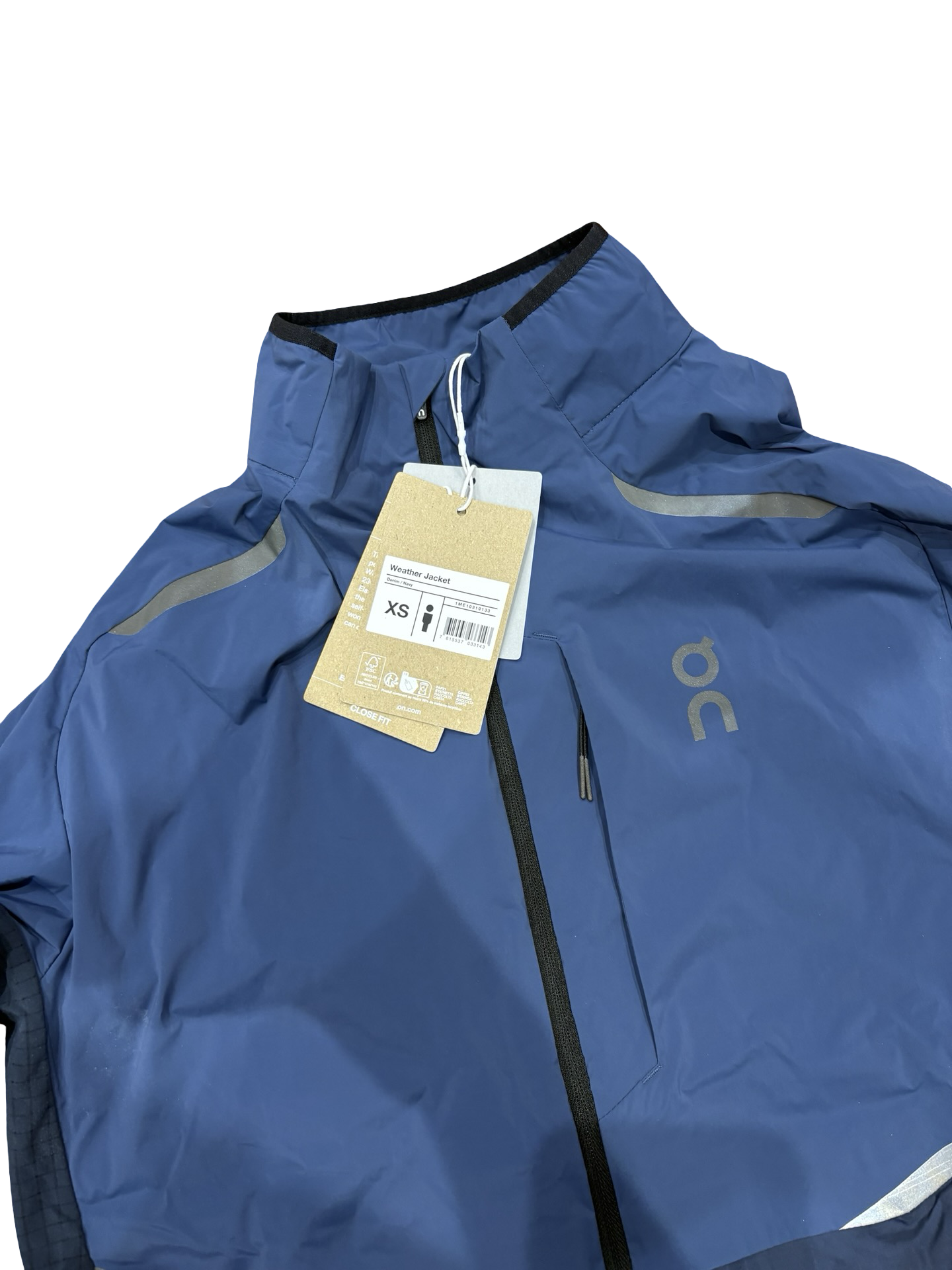 Blue jacket with a tag on a white background